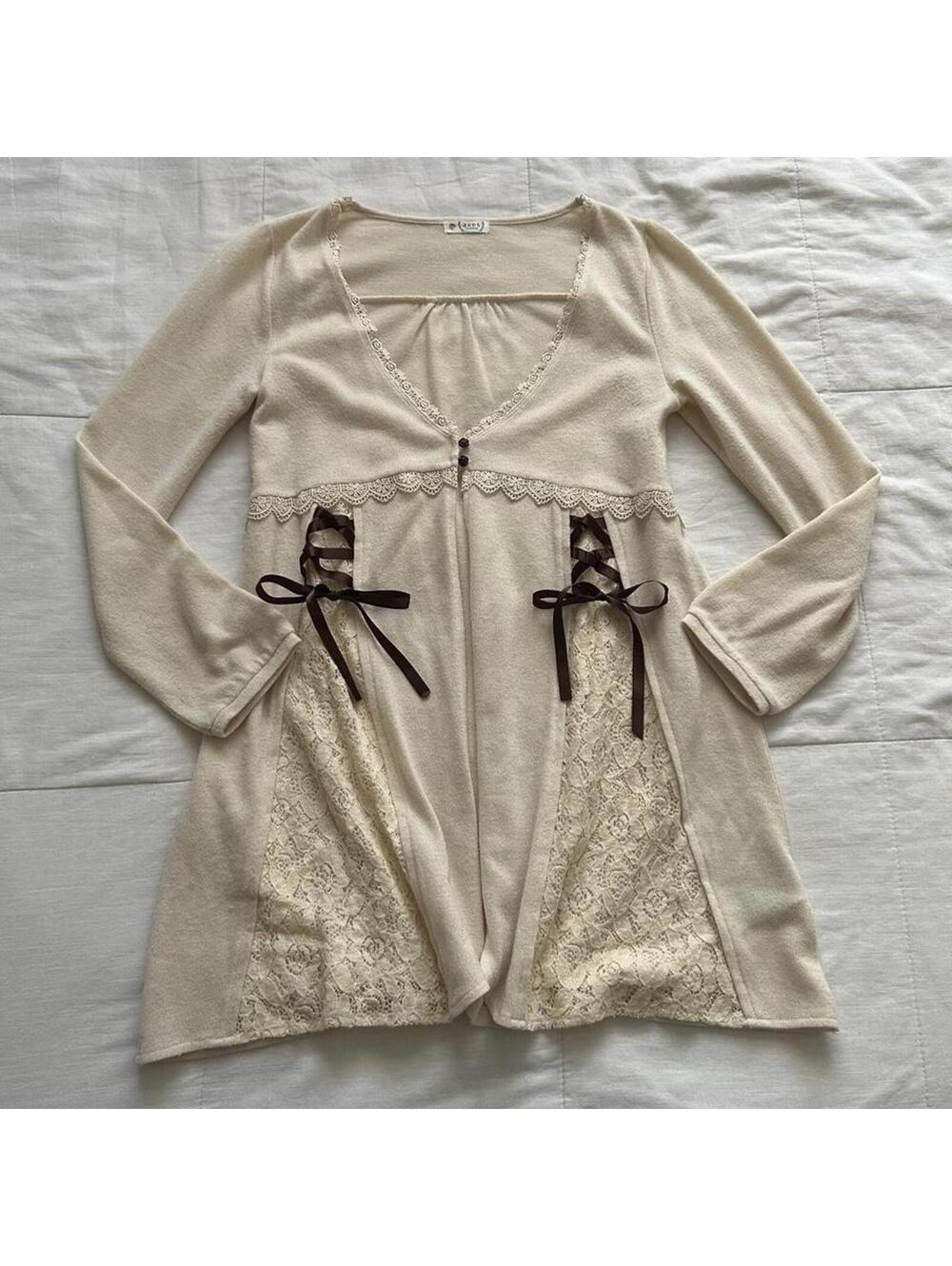 Axes Femme Cream lace insert open front top with brown ribbon lacing bows